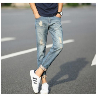QQ Men's casual hole jeans Blue - intl