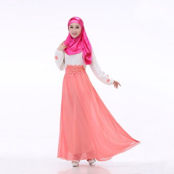 Aooluo New Design Summer Malaysia Muslimah Wear Chiffon O-neck Long Sleeve Muslimah Dress (Pink) - intl