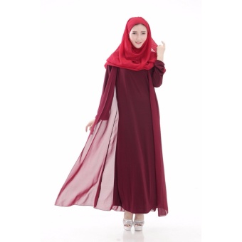 COCOEPPS Fashion Women Muslim Wear Dresses Baju Kurung False Two-piece Chiffon Long Sleeve Maxi Dress Red - intl