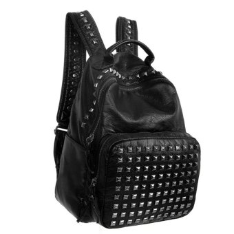 Anself Women Backpack Soft PU Rivets Zipper Grab Handle Top Pockets School Travel Bag Black  