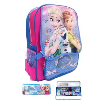 BGC Disney Frozen Tas Ransel Anak Pink Biru + Kotak Pensil + Alat Tulis Frozen