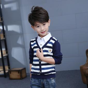 QQ Korean version of the boy fake two long-sleeved T-shirt Blue - intl