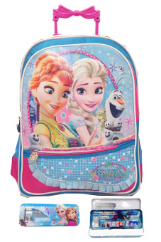 BGC Disney Frozen Anna Elsa Troley Pita Renda Tas Anak Sekolah SD 3 Kantung + Kotak Pensil + Alat Tulis - Pink-Biru