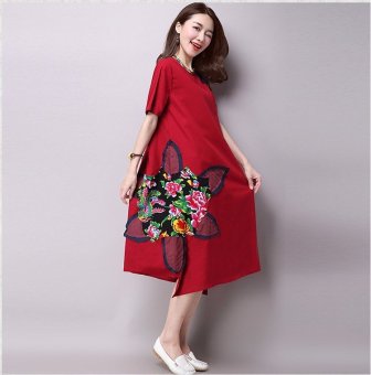 Chinese Ethnic Women Loose A-line Dress Cotton Linen Floral Printing Dresses Red - intl