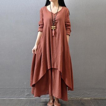 Yazilind Boho Hippie Women Long Sleeve Cotton Linen Casual Long Maxi Dress Amy red - intl