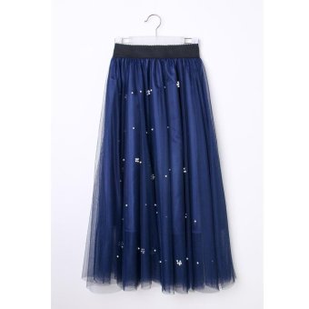 Mesh Tulle Skirts Women Summer Elastic High Waist Ladies Long Mesh Skirt Womens Tutu Maxi Pleated Skirt (Navy Blue) - intl