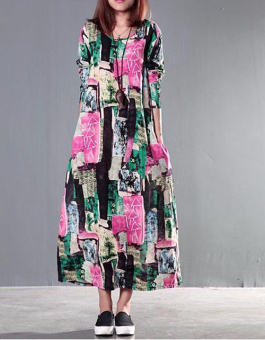 Women Lady Cotton Linen Long Dress Autumn Print Floral Vintage M-2XL Tops Shirt Green - Intl