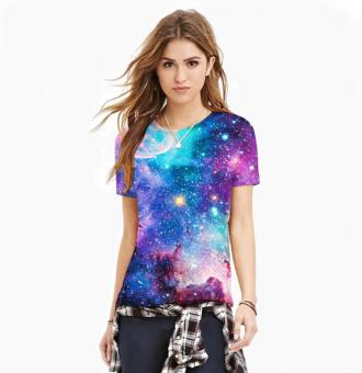 QQ Europe and the United States women's new blue sky digital T-shirt printing head set female short sleeved shirt jacket Multicolor - intl