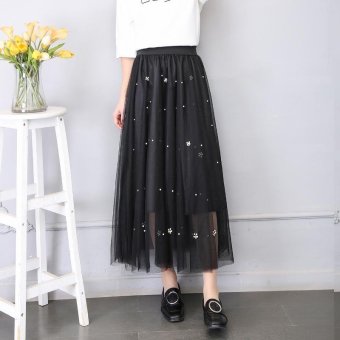 Mesh Tulle Skirts Women Summer Elastic High Waist Ladies Long Mesh Skirt Womens Tutu Maxi Pleated Skirt (Black) - intl