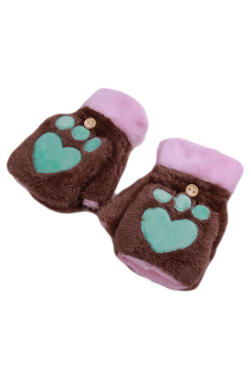 LALANG Fashion Warm Winter Half-finger Flip Heart Cat Claw Soft Gloves Light coffee