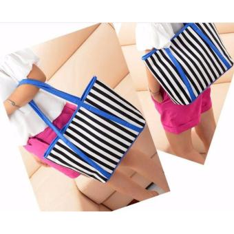 Freeshop BagTas Branded Wanita - High Quality PU Leather Korean Stripe Elegant Bag Style - Blue