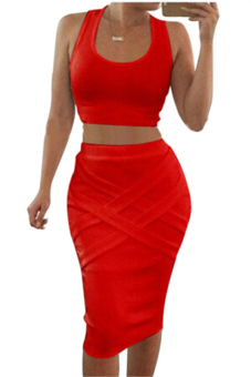 Hotyv 2 Piece Set Women Sexy Sleeveless Bandage Dress HDS001 Red