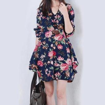Yazilind New Sexy Womens Floral Linen Long Sleeve V-Neck Cute Short Mini Dress Apricot