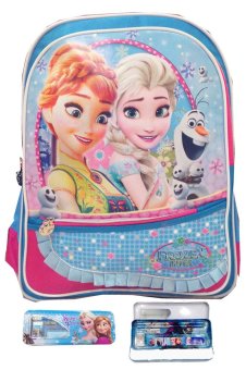 BGC Disney Frozen Anna Elsa Renda Tas Ransel Anak Sekolah SD 3 Kantung + Kotak Pensil + Alat Tulis - Pink-Biru