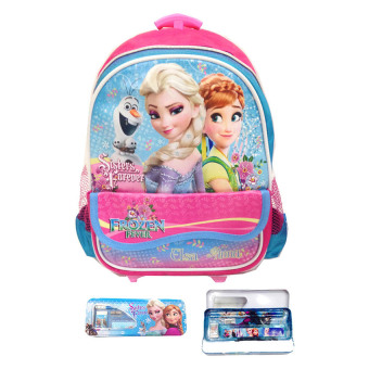 BGC Disney Frozen Fever Troley T Elsa Anna Kantung Depan Tas Anak Sekolah TK + Kotak Pensil + Alat Tulis - Pink-Biru