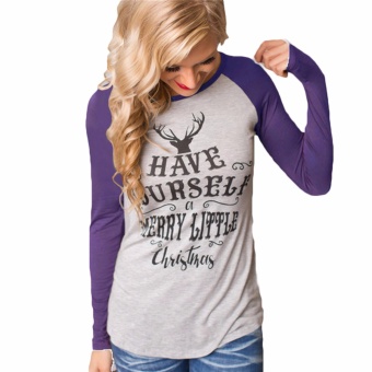 Fancyqube autumn Casual Women Long Sleeve T shirt Elk Deer Letter Print Hip hop Girls O Purple(Int:S) - intl