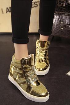 LALANG New Flat Shiny Lace Women Shoes Casual Increased Shoes Gold