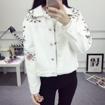BIGCAT Loose casual embroidery denim jacket women embroidered jacket coat -white - intl