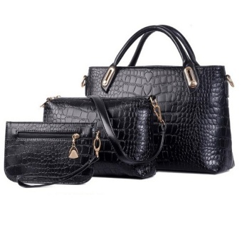 Hot Trends Elegant Faux Crocodile Leather Bags Set Of 3Handtas + Schoudertas + Purse Black intl