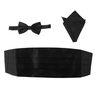 3pcs Men's Satin Bow Tie Cummerbund Hanky Handkerchief (Black) - intl