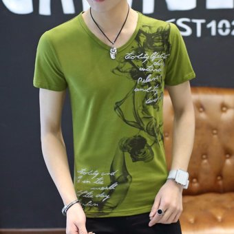 Chinese Style Landscape Painting Splash-ink Mens Funky V-neck Cotton T-shirt(green) - intl
