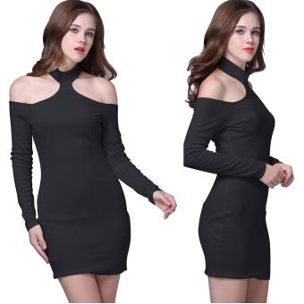 C1S Sexy Knitted Halter Cold Shoulder Bodycon Pencil Mini Dress(Black)