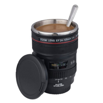 400ML 2nd Generation EF 24-105mm f/4.0L USM Lens Shaped Stainless Steel Inner Water Coffee Cup with Flat Lid Black