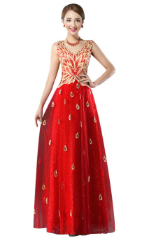 Panjang gaun malam mewah seksi Backless Phoenix renda bordir Formal gaun pengiring pengantin gaun Prom gaun tamu pernikahan merah XM-01R - International