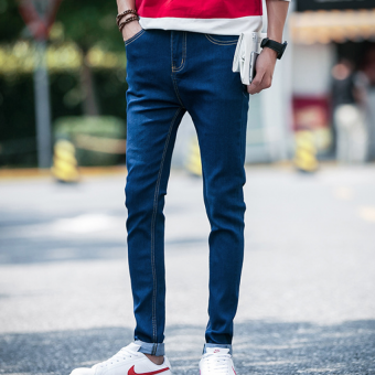 QQ Men's jeans pencil pants feet Dark blue - intl