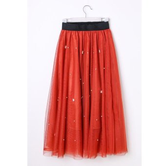 Mesh Tulle Skirts Women Summer Elastic High Waist Ladies Long Mesh Skirt Womens Tutu Maxi Pleated Skirt (Red) - intl