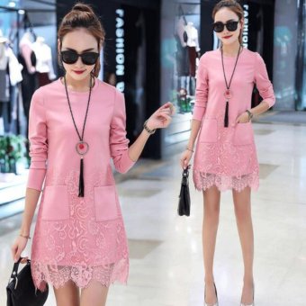 Bigcat Slim and thin Korean style long sleeve lace dress -pink - intl