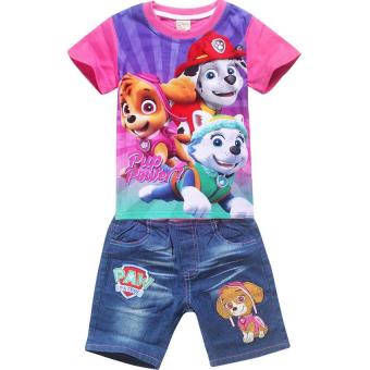 'Kisnow Pup 2 Pieces Girl''s 95-135cm Body Height Jeans Pant Cotton Shirt Tops(Color:Rose) - intl'