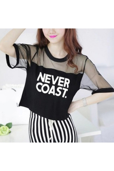 GE New Cool Women's Girl Net Yarn T-shirt Hollow Shoulder Short Sleeve Letter Printed (Black)