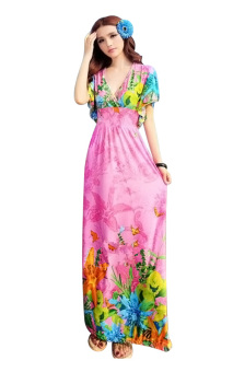 Brand New Summer Floral Boho Maxi Dresses Short Sleeve V-Neck Women Beach Loose Chiffon Multi-Style Long Bohemian Club Party Dress Color No.2 YM-09A2
