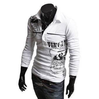 GE Men's Slim Fit Turndown Collar Long Sleeve Polo Shirt T-shirts Tee Shirt (White)