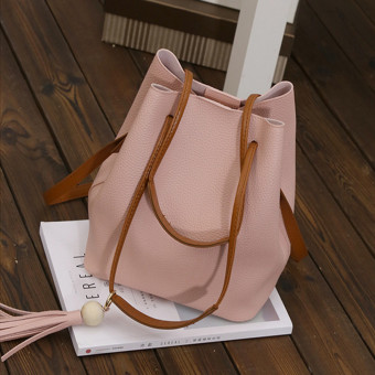 4ever 1pcs Women Retro Wooden Beads Tassel Bucket Bag Shoulder Bag with Small Pouch (Pink) - intl