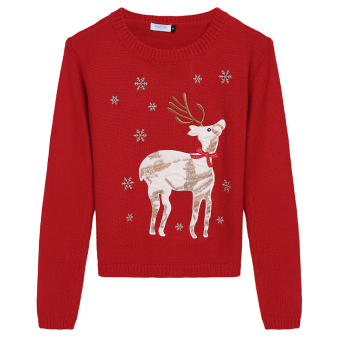 Cyber Arshiner Girl Christmas Cute Deer Embroidered Knitted Pullover Sweater ( Red )