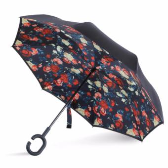 Payung Terbalik Kazbrella Gagang C - Red Rose Tombol Merah / Reverse Umbrella / Smart Reverse Umbrella / Payung Unik Double Layer UV Protection Anti Basah