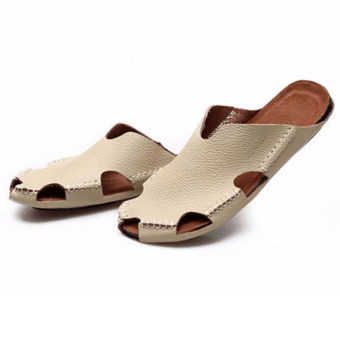 Men's Genuine Leather Summer Beach Slippers Soft Sandals Shoes Beige