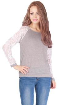 LALANG Fashion T-shirt Women's Long Sleeve Sexy Lace Crochet Slim Tops Grey