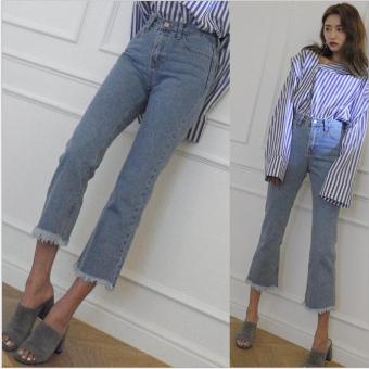 QQ waisted skinny flash tassel micro flared jeans wide leg pants Blue - intl