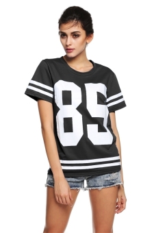 GE Short Sleeve Number O-neck Top T-shit Blouse S-XL (Black)