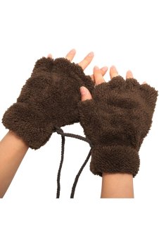Cyber Arshiner Women Girls Comfy Soft Plush Cat Bear Paw Claw Design Winter Fingerless Gloves (Coffee)