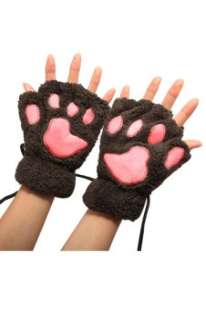 SuperCart Arshiner Women Girls Comfy Soft Plush Cat Bear Paw Claw Design Winter Fingerless Gloves (Brown) 