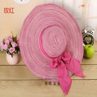 Women cotton and linen bowknot Ribbon Straw hat Large brimmed hat Foldaway cap Travel beach sunhat Hot pink - intl