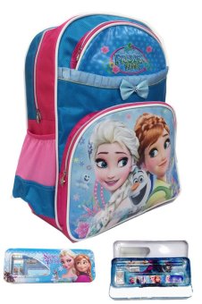 BGC Disney Frozen Tas Ransel Anna Elsa Pita Renda Pink Blue 9 + Kotak Pensil dan Alat Tulis Frozen - Biru