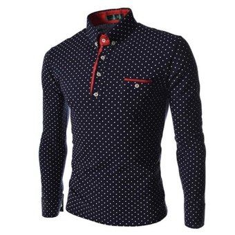 2017 New Brands Mens Dot Long Sleeve POLO Shirts Brands Long Sleeve Camisas Polo Stand Collar Male Polo Shirt (Dark blue) - intl