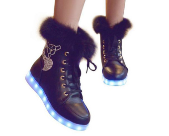 Women's Fashion Winter Warm Shoes Casual Light up LED Luminous Sneakers Black - Intl