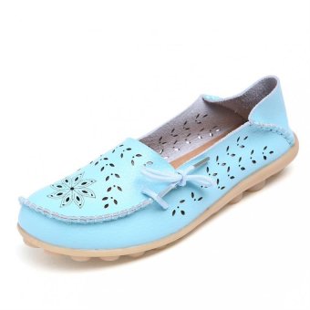 2016 Genuine Leather Women Flats Shoes Woman Candy Color Slip On Boat Shoes Cut Out Breathable Fashion Loafers Shoe(Turquoise)