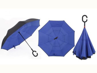 38 Colors Available Windproof Reverse Folding Double Layer Inverted Chuva Umbrella Self Stand Inside Out Rain Protection C-Hook Hands For Car(Sapphire Blue) - intl
